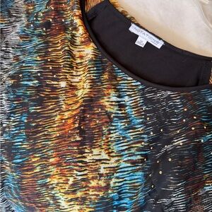 Notations Women's Top with Black, Orange, and Blue Pattern